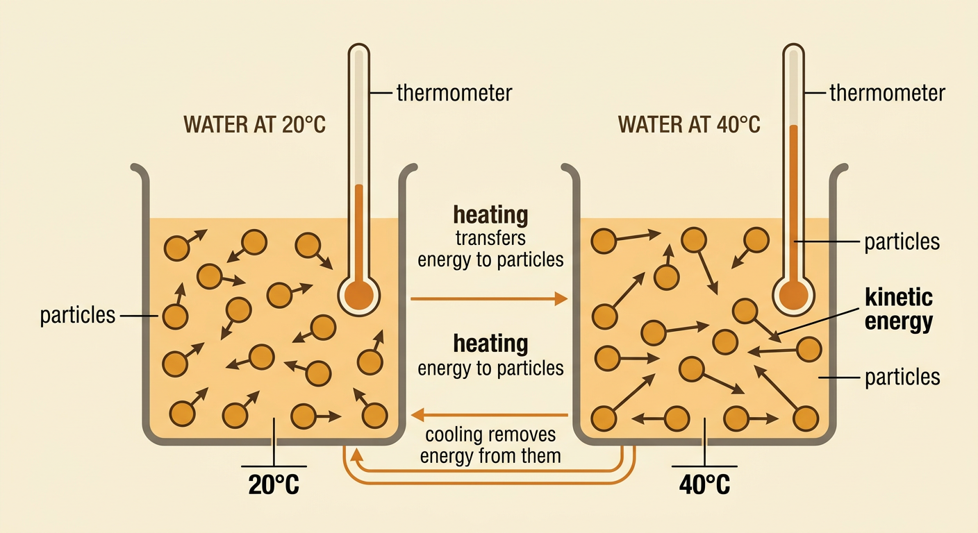 A thermometer and two water samples show particles moving at different average speeds at 20°C and 40°C.