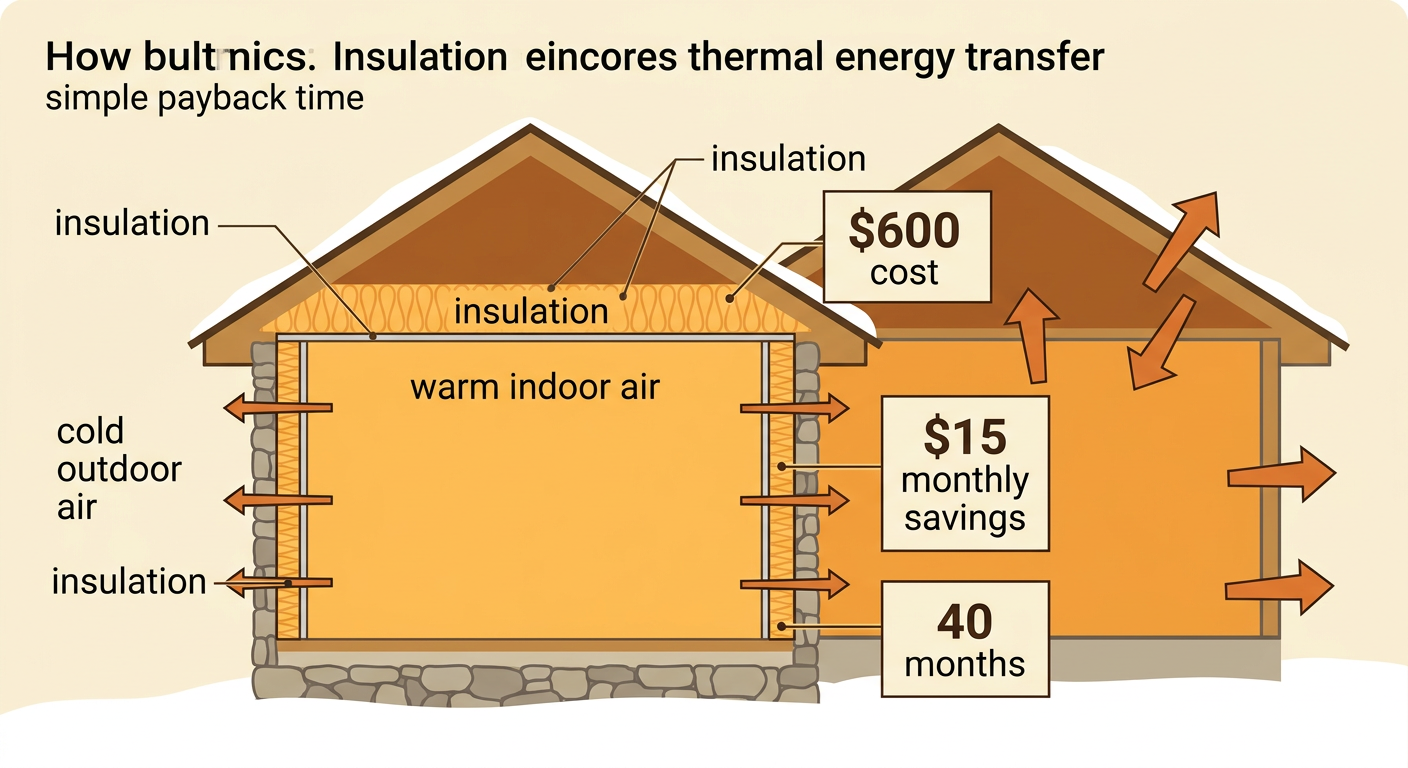 A cutaway house shows attic and wall insulation slowing winter energy transfer, alongside a simple payback calculation.